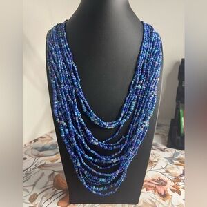 Chico’s Blue Seed Bead Bib Necklace D3